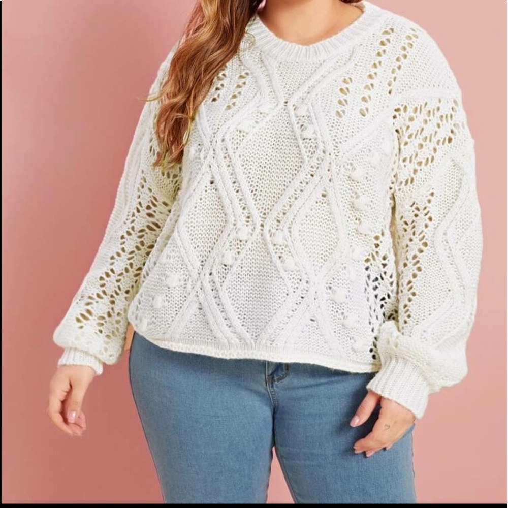 Plus white cable knit sweater dolman sleeves - Picture 2 of 5